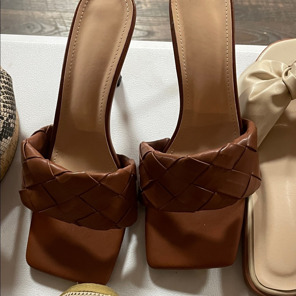 Women’s Braided Strap Brown Slide Heels